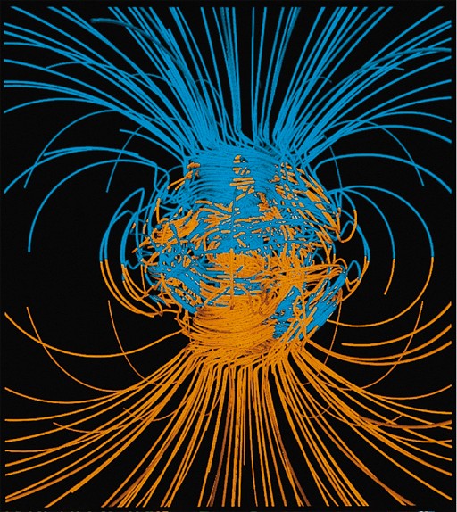 Ligne de force du champ magnétique terrestre (Glatzmaier et Roberts, 1995). 